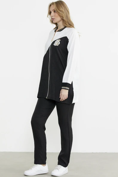 Fermuar Kapamalı Nakışlı Tunik Takım - Siyah - Resim 5