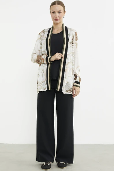 Rahat Kalıp Desenli İkili Krep Takım - Bej - Resim 3