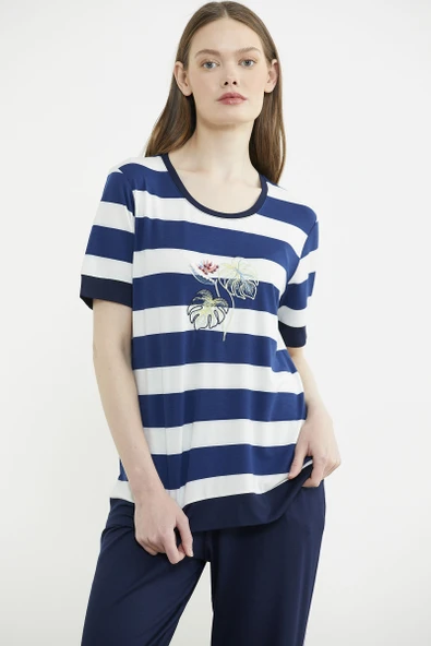 Rahat Kalıp Çizgili Pantolon Takım - Lacivert - Resim 3