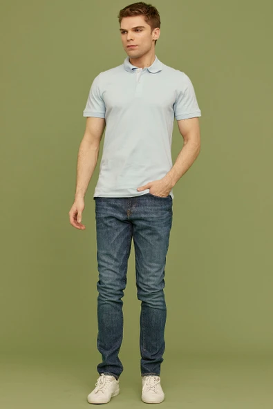 Detaylı Polo Yaka Kısa Kol Tişört - Açık Mavi - Resim 2