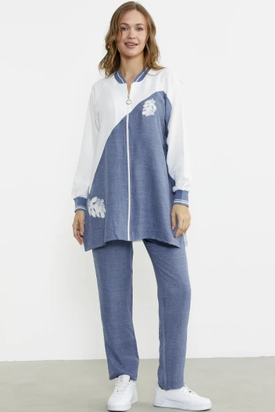 Fermuar Kapamalı Nakışlı Tunik Takım - Indigo - Resim 4