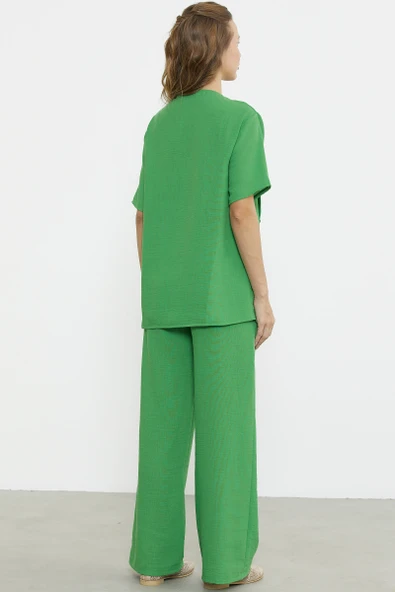Düğme Detaylı Keten Görünümlü Rahat Takım - Yeşil - Resim 6