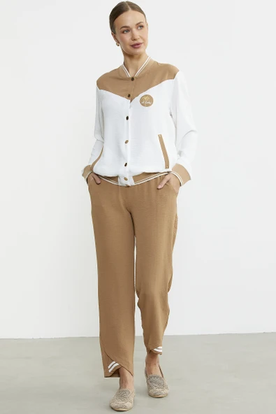 Blok Renk Geçişli Krep Takım - Kamel - Resim 4