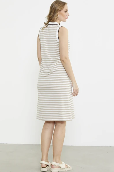 Polo Yaka Marine Çizgili Elbise - Kahve - Resim 6