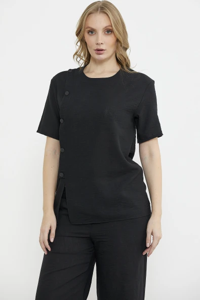 Düğme Detaylı Keten Görünümlü Rahat Takım - Siyah - Resim 5