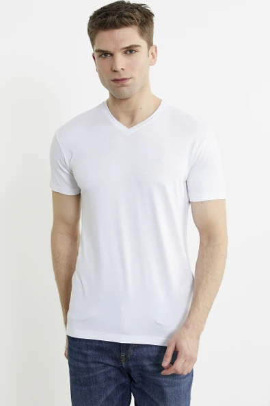 V Yaka Basic Kısa Kol Tişört - Beyaz ürün görseli 1