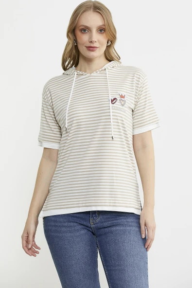 Kapüşonlu Renk Kombinli Çizgili Tişört - Kahve ürün görseli 1