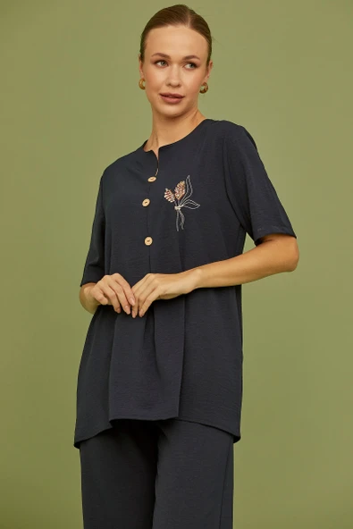 Sıfır Yaka Düğmeli Viskon Takım - Lacivert - Resim 2