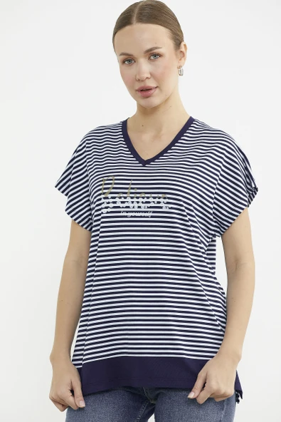 Çizgili V Yaka Payetli Tişört - Lacivert ürün görseli 1