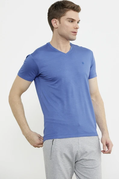 V Yaka Basic Kısa Kol Tişört - Saks - Resim 3