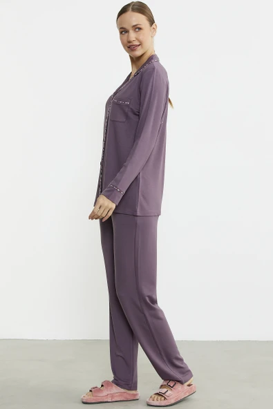 Düz Renk Gömlek Model Pijama Takım - Mor - Resim 5
