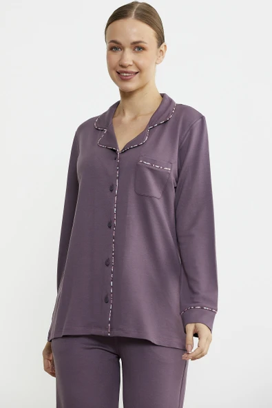 Düz Renk Gömlek Model Pijama Takım - Mor