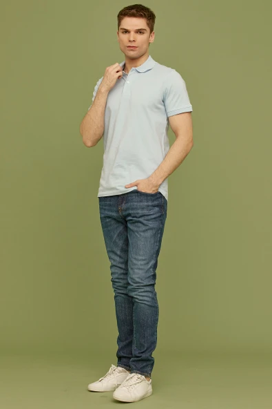 Detaylı Polo Yaka Kısa Kol Tişört - Açık Mavi ürün görseli 1