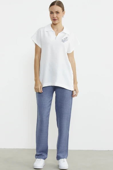 Polo Yaka Keten Görüntülü Takım - Indigo ürün görseli