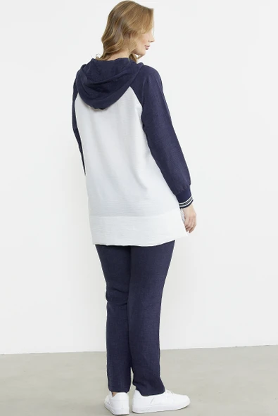 Keten Görünümlü Kapüşonlu Tunik Takım - Lacivert - Resim 6