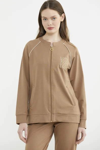 Biye Detaylı Fermuarlı Eşofman Takım - Kamel ürün görseli 1