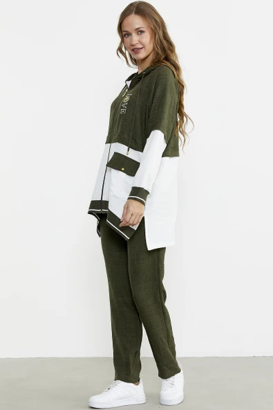 Blok Renk Geçişli Tunik Takım - Haki - Resim 3