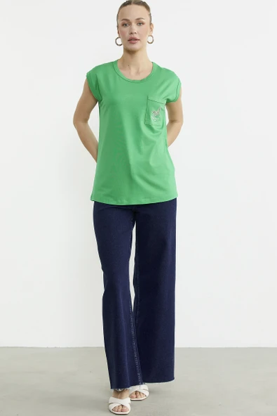 Düşük Kol Dökümlü Cepli Tişört - Yeşil ürün görseli 1