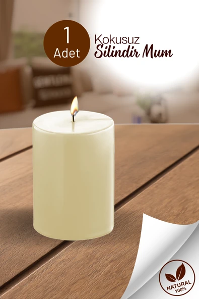 1 Adet Silindir Dekoratif Kokusuz Krem Mum- Hediyelik Blok Mum