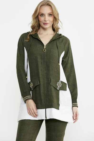 Keten Görünümlü Kapüşonlu Tunik Takım - Haki - Resim 3
