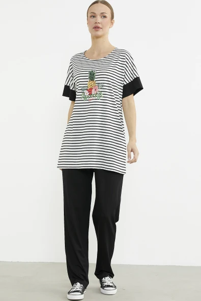 Büyük Beden  Baskılı Penye Tunik Takım - Siyah - Resim 2