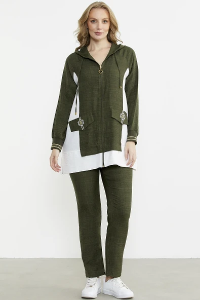 Keten Görünümlü Kapüşonlu Tunik Takım - Haki ürün görseli
