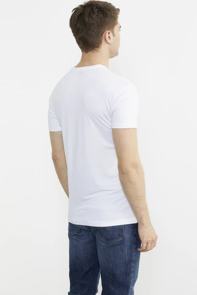 V Yaka Basic Kısa Kol Tişört - Beyaz - Resim 6