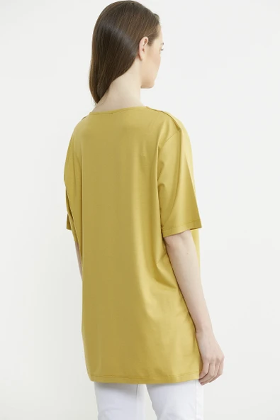 Nakışlı Büyük Beden Penye Tişört - Hardal - Resim 4