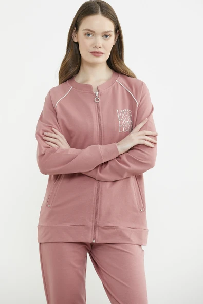 Biye Detaylı Fermuarlı Eşofman Takım - Gül - Resim 3