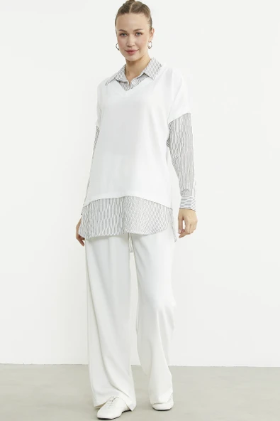 Bluz Kombinli Oversize Gömlek - Siyah - Resim 2