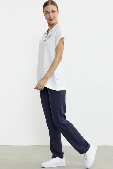 Polo Yaka Keten Görüntülü Takım - Lacivert - Resim 4