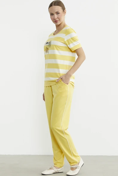 Rahat Kalıp Çizgili Pantolon Takım - Sarı - Resim 5