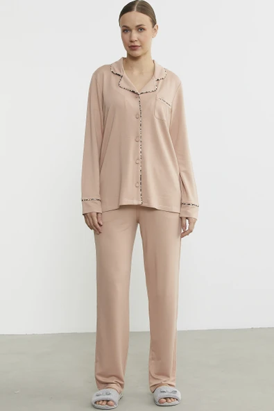 Düz Renk Gömlek Model Pijama Takım - Somon - 3