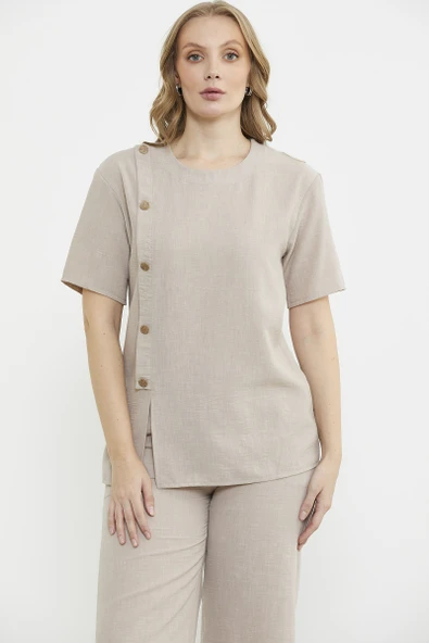 Düğme Detaylı Keten Görünümlü Rahat Takım - Taş - Resim 2