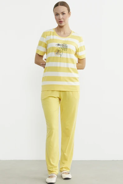 Rahat Kalıp Çizgili Pantolon Takım - Sarı - Resim 2
