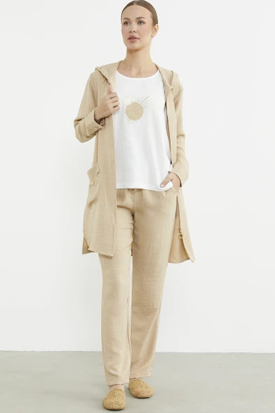 Büyük Beden Keten Görünümlü Üçlü Takım - Bej - Resim 2