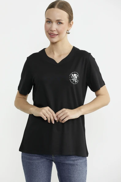 Bisiklet Yaka Baskılı Dökümlü Tişört - Siyah - 4