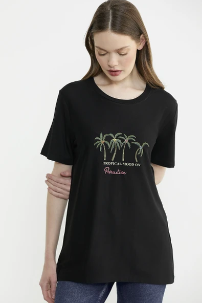 Egzotik Baskılı Rahat Kalıp Tişört - Siyah - Resim 5