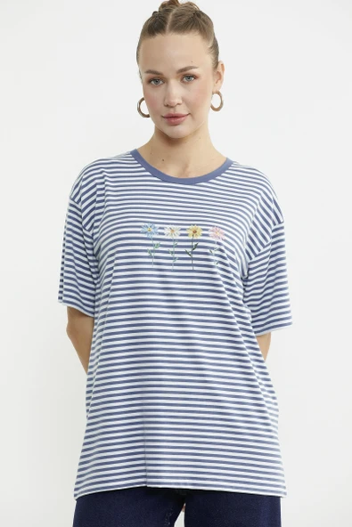 Çizgili Nakış Detaylı Tişört - Indigo - Resim 2