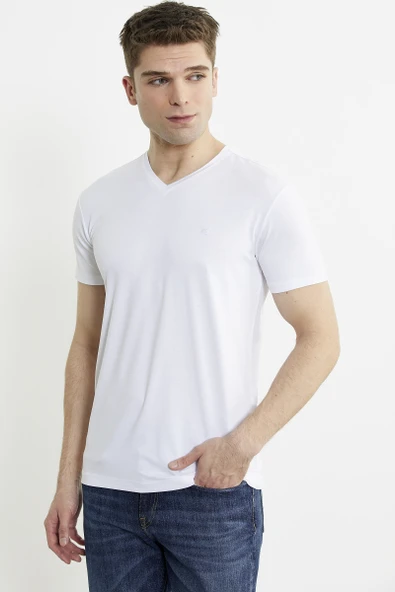 V Yaka Basic Kısa Kol Tişört - Beyaz - Resim 2