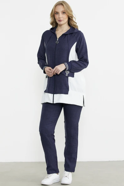 Keten Görünümlü Kapüşonlu Tunik Takım - Lacivert ürün görseli