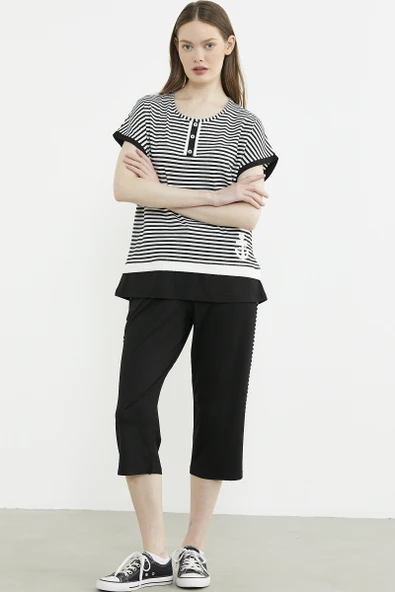 Marine Çizgili Kapri Penye Takım - Siyah - Resim 3