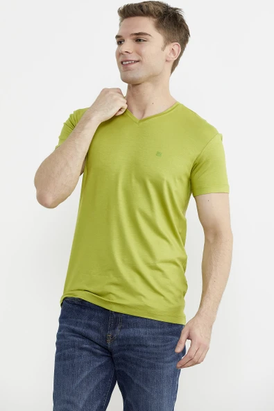 V Yaka Basic Kısa Kol Tişört - Yeşil - Resim 3