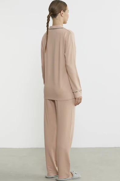 Düz Renk Gömlek Model Pijama Takım - Somon - 6