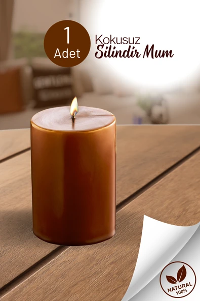1 Adet Silindir Dekoratif Kokusuz Kahverengi Mum- Hediyelik Blok Mum
