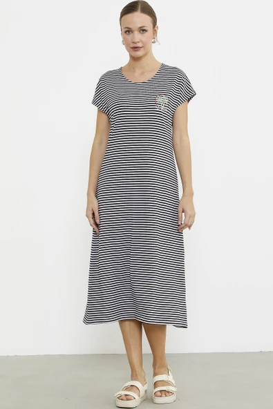 Nakış Detaylı Marine Penye Elbise - Siyah