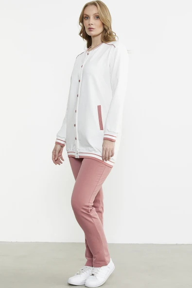 Renk Kombinli Rahat Kalıp Tunik Eşofman Takım - Gül - Resim 5