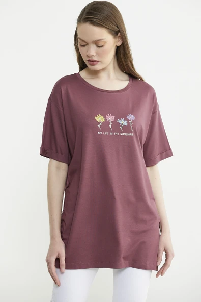 Çiçek Baskılı Bisiklet Yaka Tişört - Bordo - Resim 2