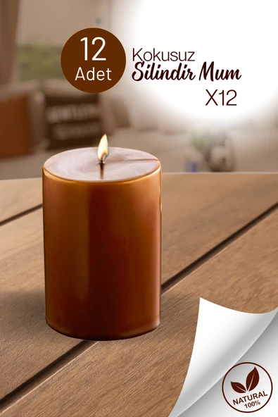 12 Adet Silindir Dekoratif Kokusuz Kahverengi Mum- Hediyelik Blok Mum