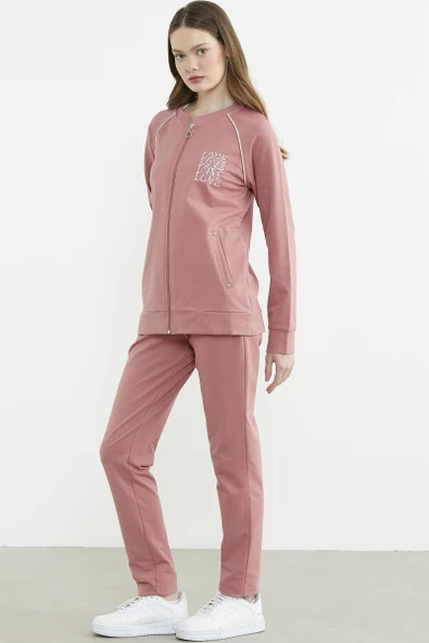 Biye Detaylı Fermuarlı Eşofman Takım - Gül - Resim 2